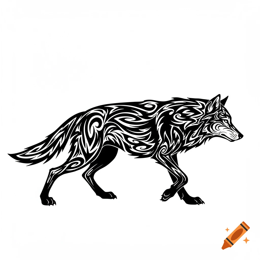 A black and white tribal art style illustration of a wolf walking in side view.
