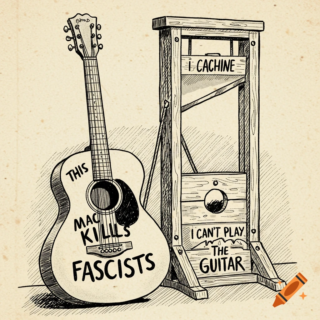 A cartoon ink sketch of an acoustic guitar leaning against a guillotine. The guitar reads 'THIS MAC KILLLS FASCISTS' and the guillotine reads 'I CAN'T PLAY THE GUITAR' and 'I CACHINE'.