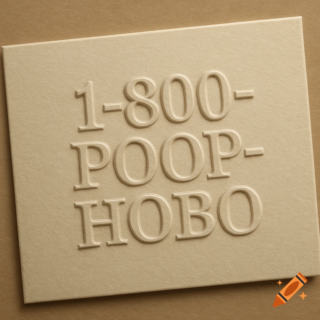 A beige business card with the text '1-800-POOP-HOBO' embossed on it, against a brown background.