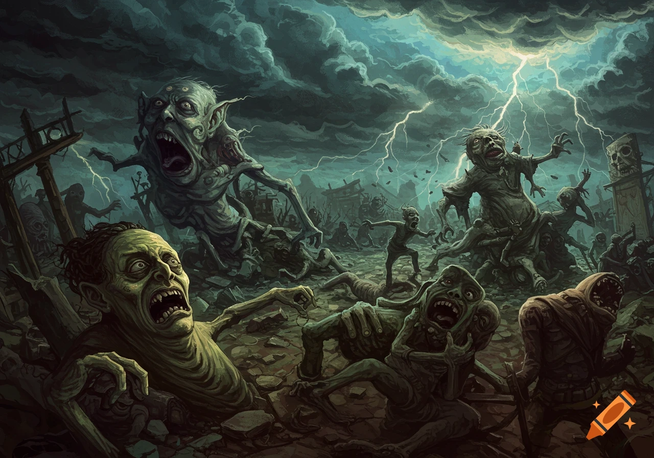 Stylized horror illustration of screaming zombies and monstrous figures emerging from a ruined, stormy landscape under lightning.