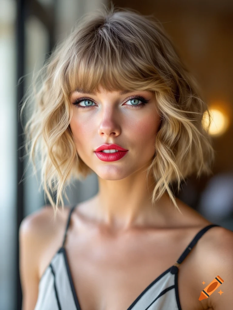 A close-up photorealistic portrait of a woman with short blonde wavy hair and bangs, blue eyes, and red lipstick, wearing a camisole, looking directly at the viewer.