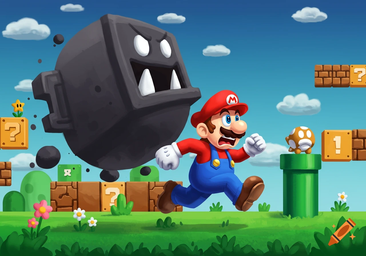 Cartoon illustration of Mario running right, away from a large, angry grey Thwomp falling from the sky. Mario is in a green grassy world with iconic Super Mario blocks and pipes.