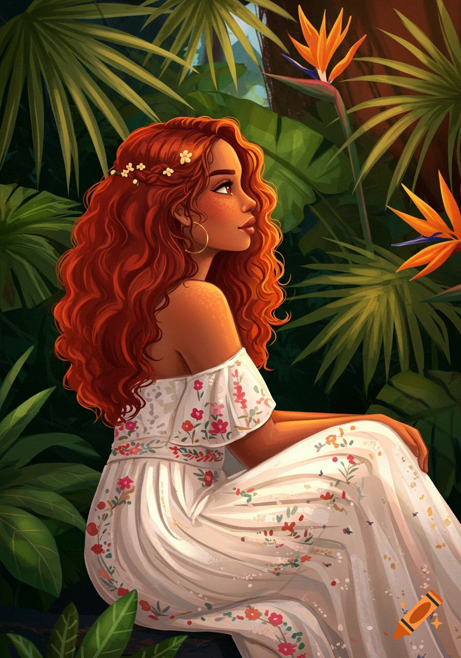 Colorful illustration of a woman with red hair sitting in a tropical jungle with bird of paradise flowers.