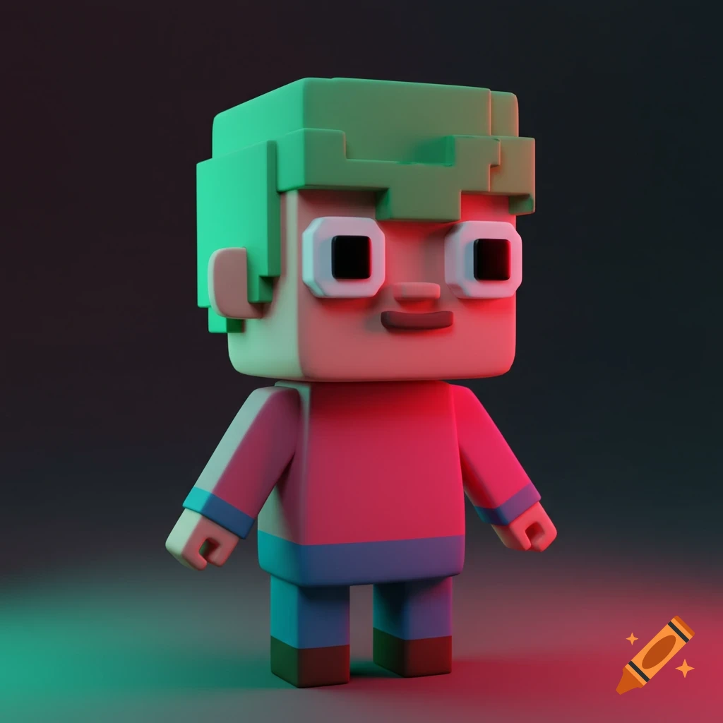 A stylized 3D low poly character with blocky green hair, pink shirt, and blue pants stands against a dark background.