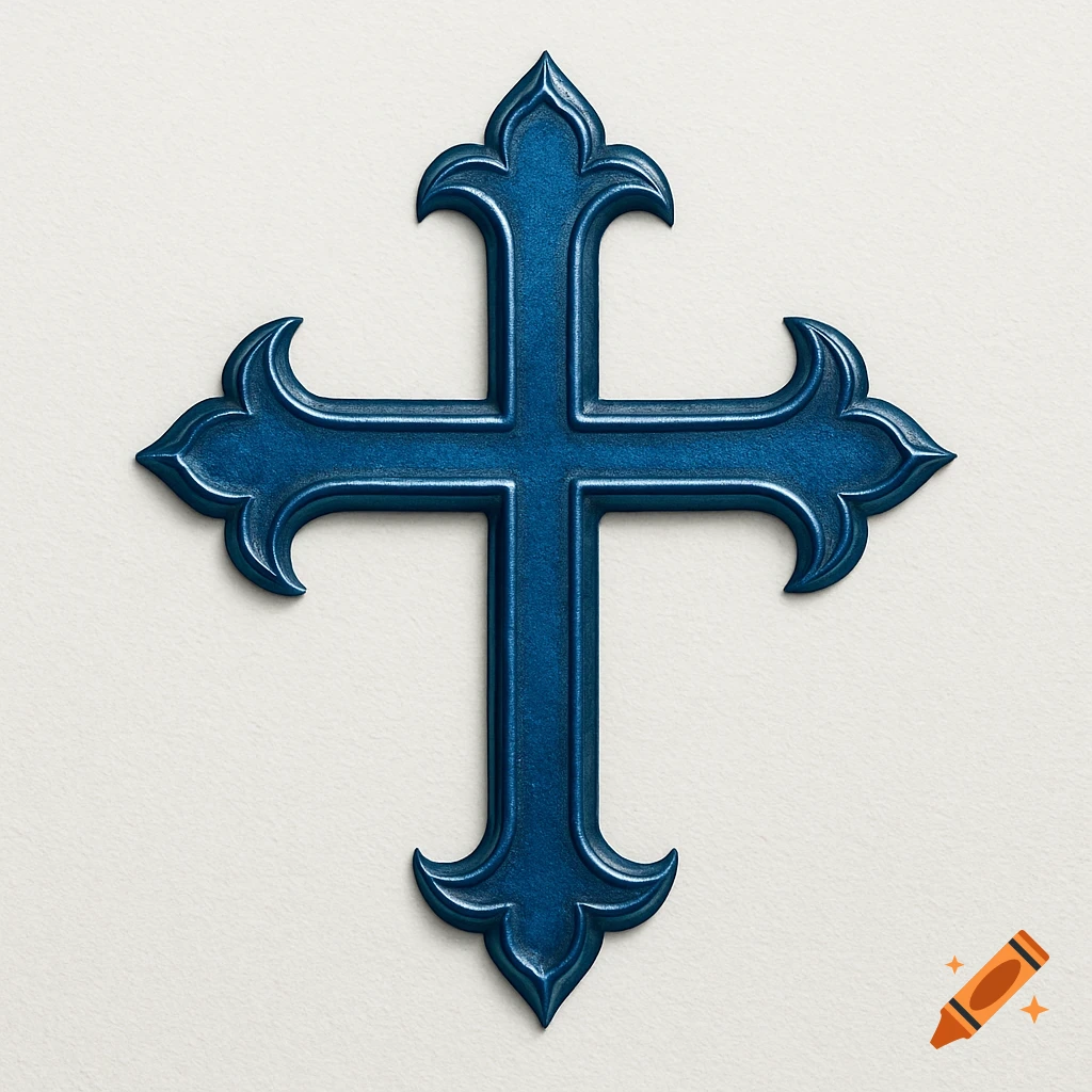 A blue metal sigil cross on a white background.