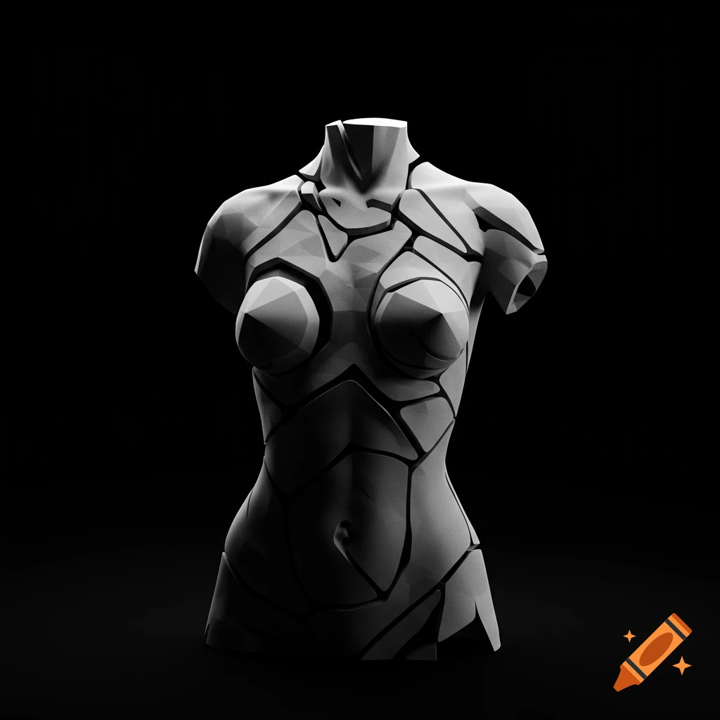 A high-contrast black and white 3D render of an abstract, fragmented female torso sculpture.