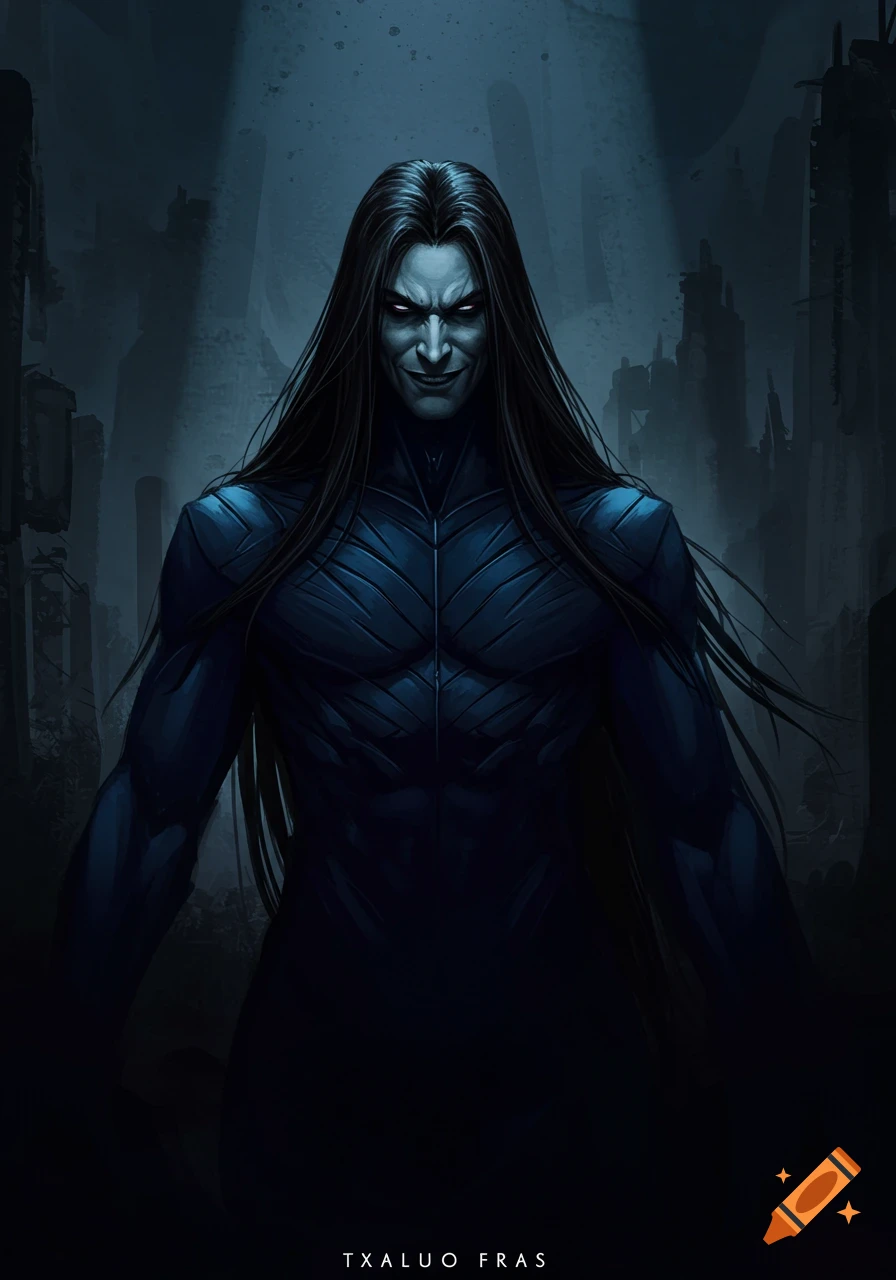 A dark fantasy illustration of a long-haired villain in a blue suit, with a sinister smile and glowing white eyes.