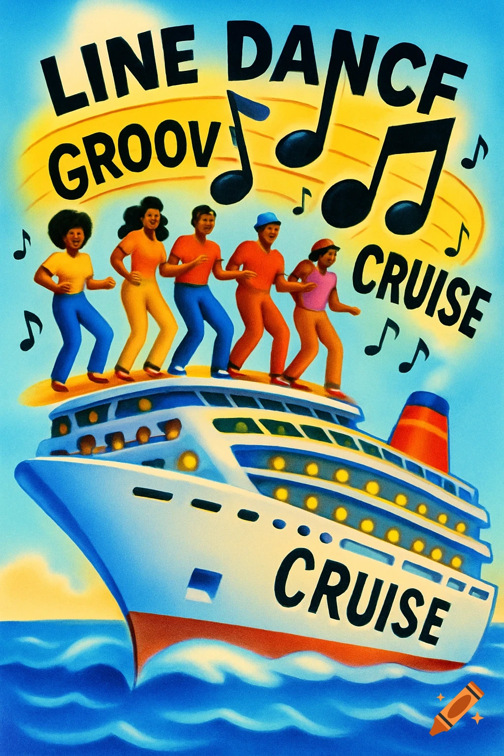 A vibrant airbrushed cartoon illustration shows diverse people line dancing on the deck of a cruise ship. Music notes float around the text "LINE DANCE GROOV" and "CRUISE".