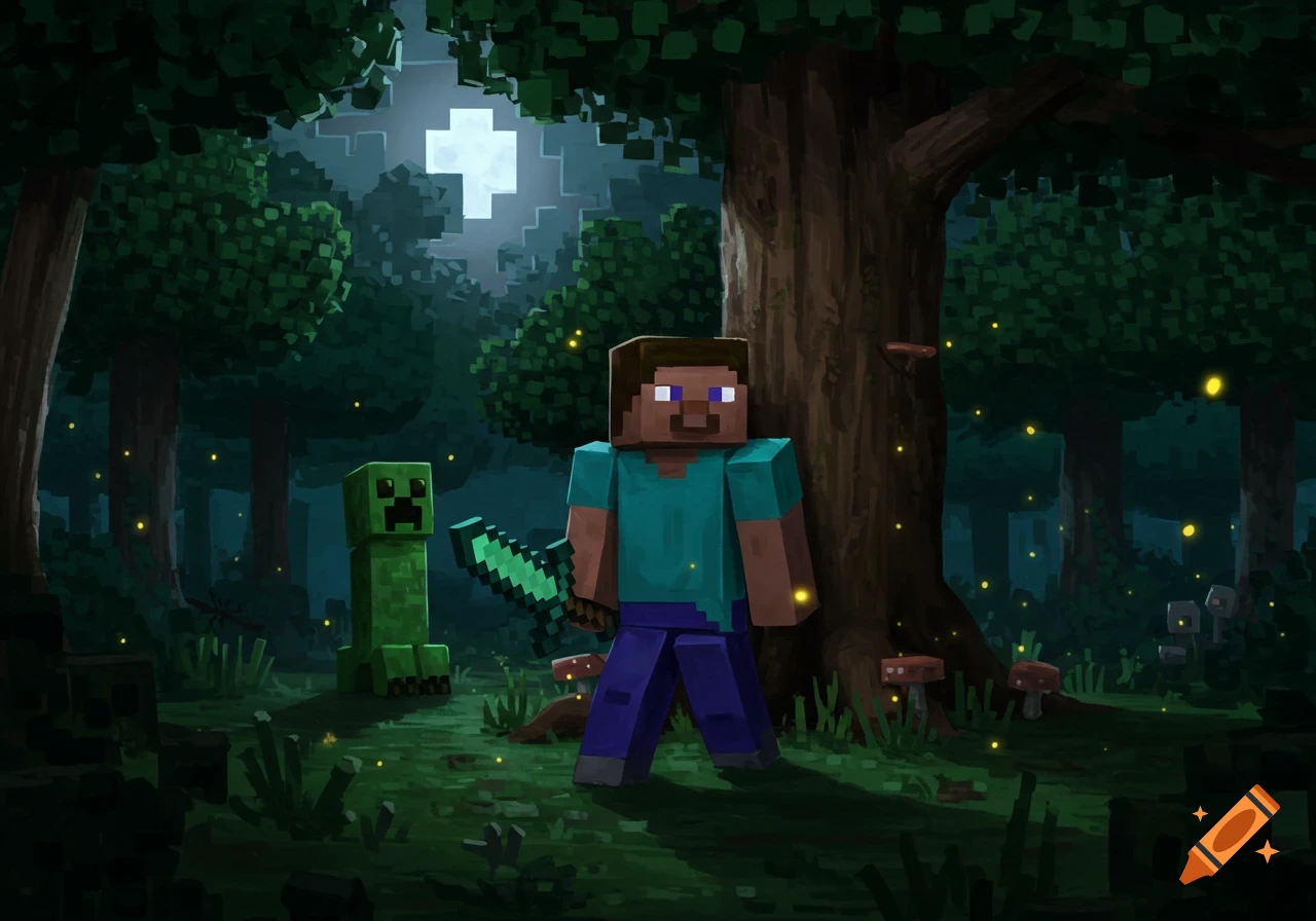 Minecraft Steve holding a sword in a dark forest at night, with a Creeper partially hidden behind a tree and glowing fireflies.