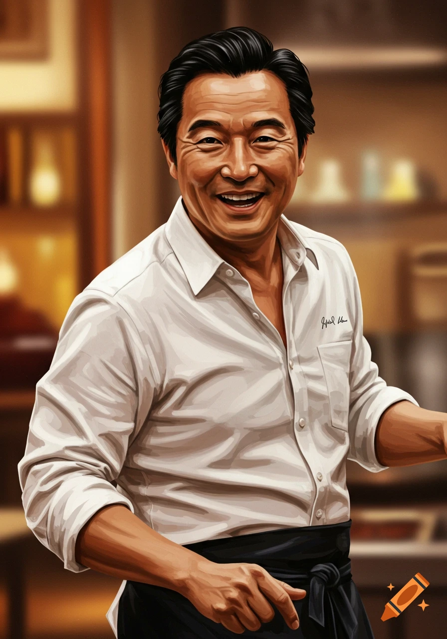 A smiling Asian man in a white chef's shirt and black apron, depicted in a digital painting style.