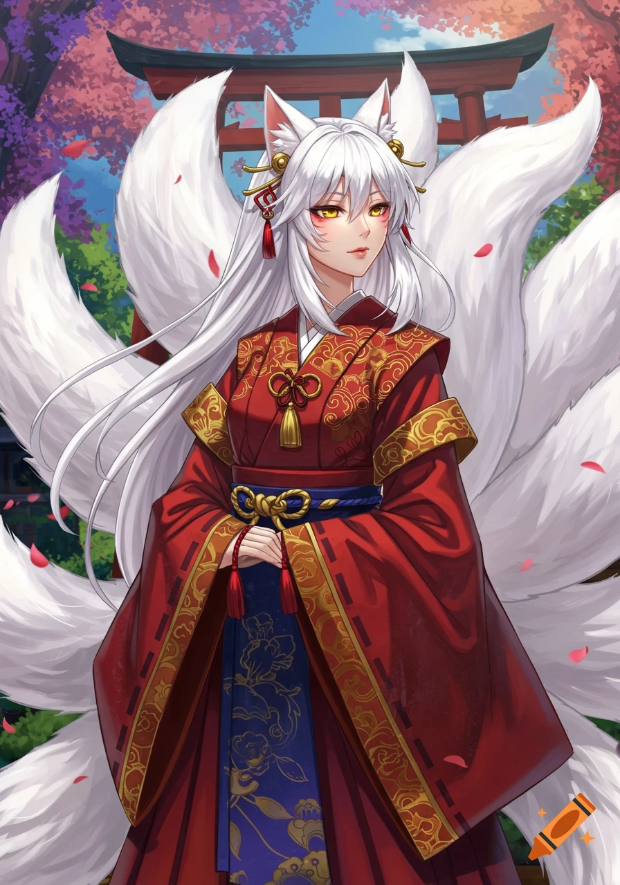 Anime style illustration of a white-haired female Kitsune with nine white tails in red and gold shrine robes, standing near a torii gate.