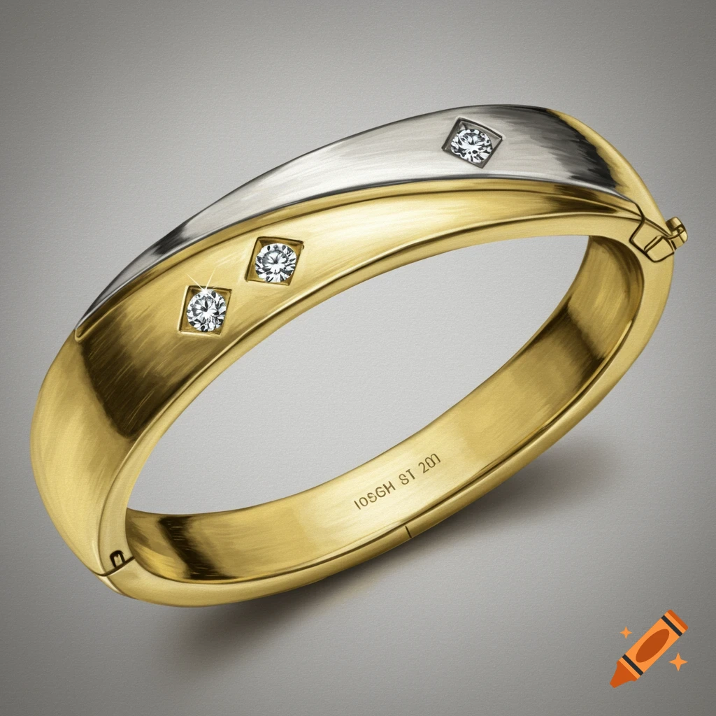 A two-tone gold and silver bracelet with four round diamonds, set against a smooth gray background, photorealistic style.