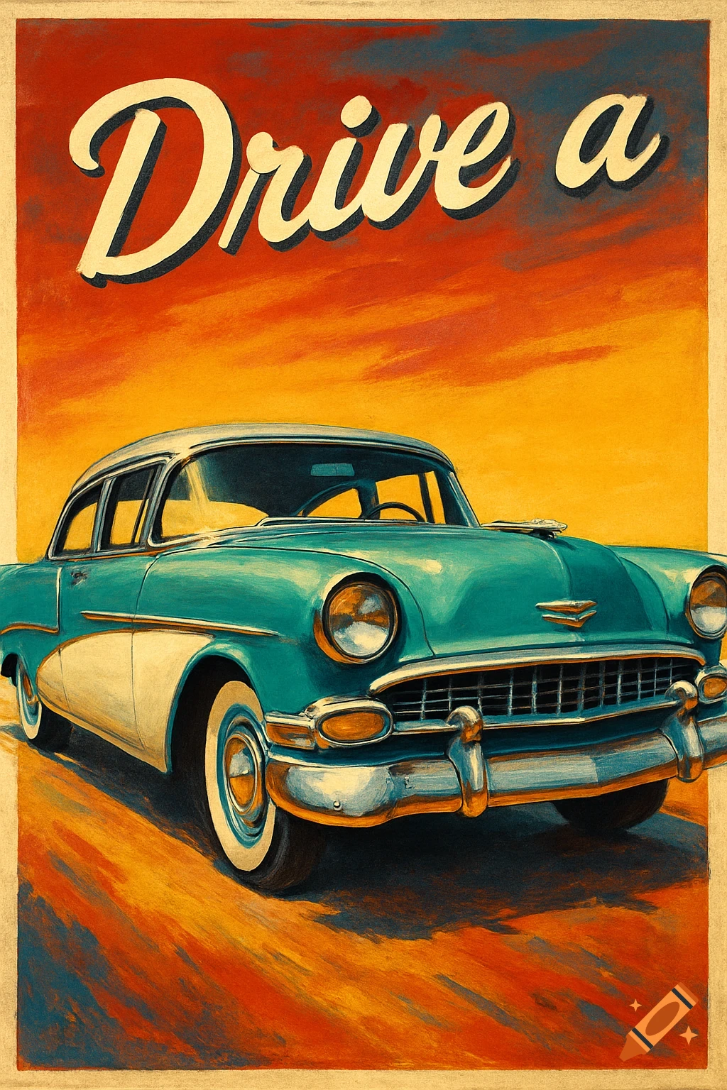 A vintage-style poster featuring a teal and white classic car with "Drive a" text against an orange and red sky.