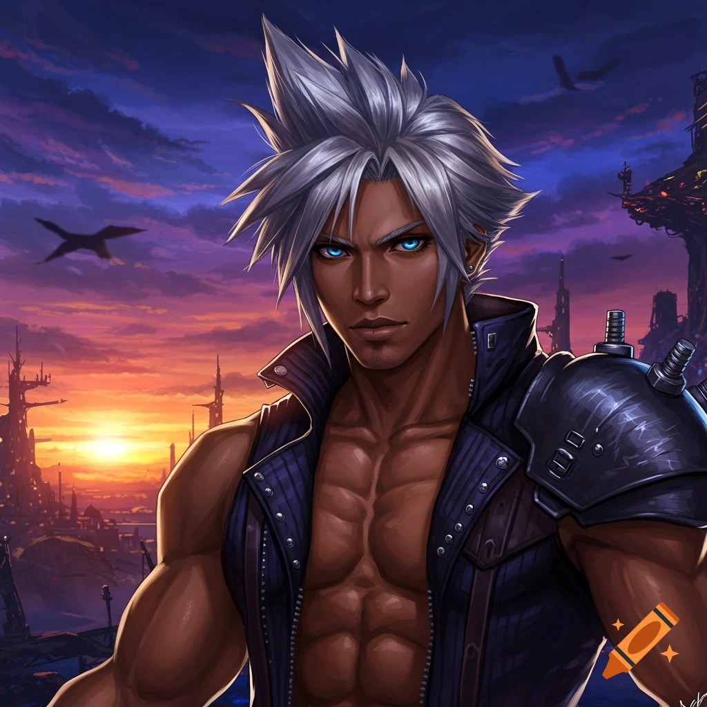 A handsome man with dark skin, spiky white hair, and piercing blue eyes, wearing an open vest to reveal his muscular chest, stands against a vibrant sunset over a futuristic city.