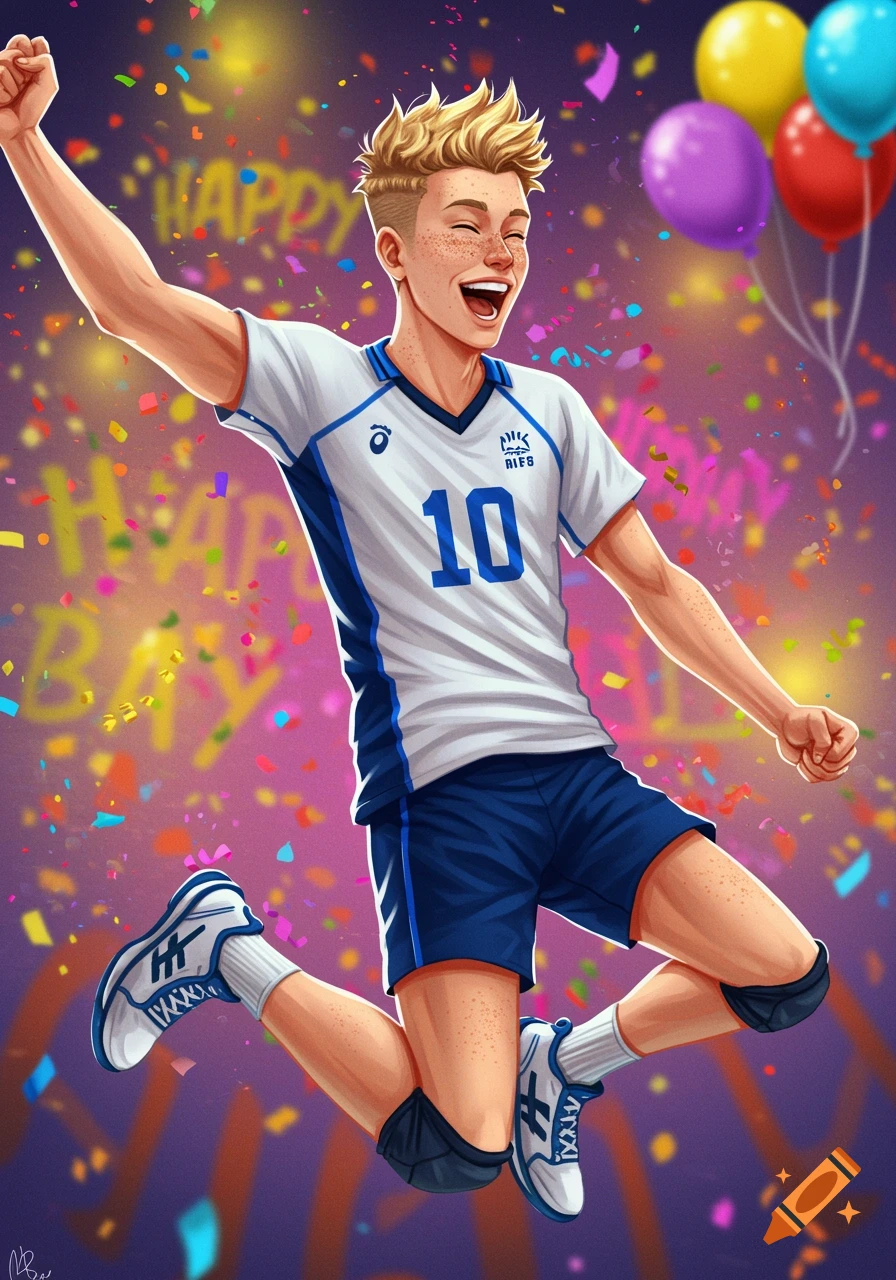A happy, vibrant cartoon illustration of a male teenage volleyball player jumping and cheering amidst confetti and balloons, celebrating his birthday.
