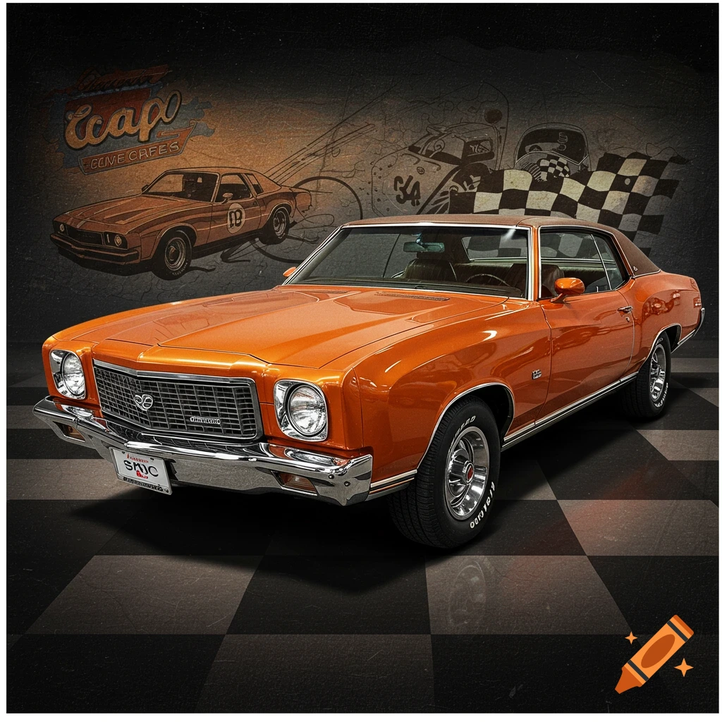 An orange 1972 Monte Carlo classic car parked on a checkered floor in front of a vintage mural featuring other cars and racing flags.