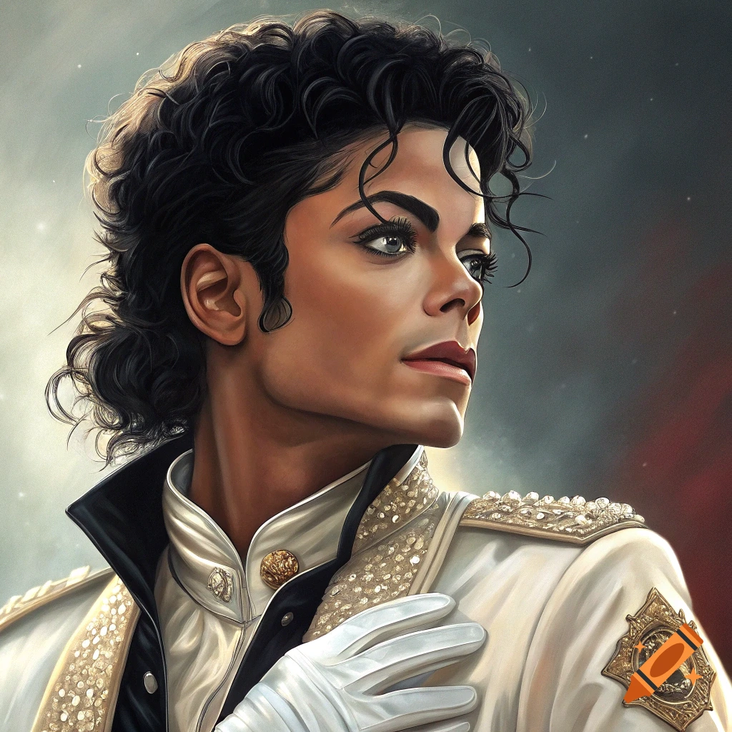 Stylized portrait of Michael Jackson wearing a white military-style jacket with gold embellishments, looking to the side.