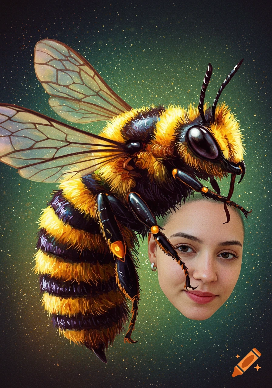 Surreal digital art of a bee with a woman's face where its head should be, on a dark green background.