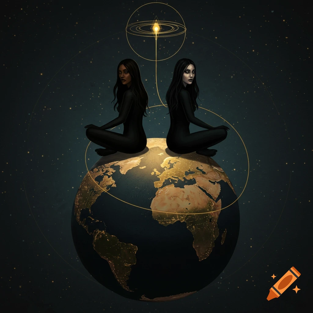 Two shadowy women sit cross-legged on a glowing Earth against a starry sky, connected by golden cosmic threads.