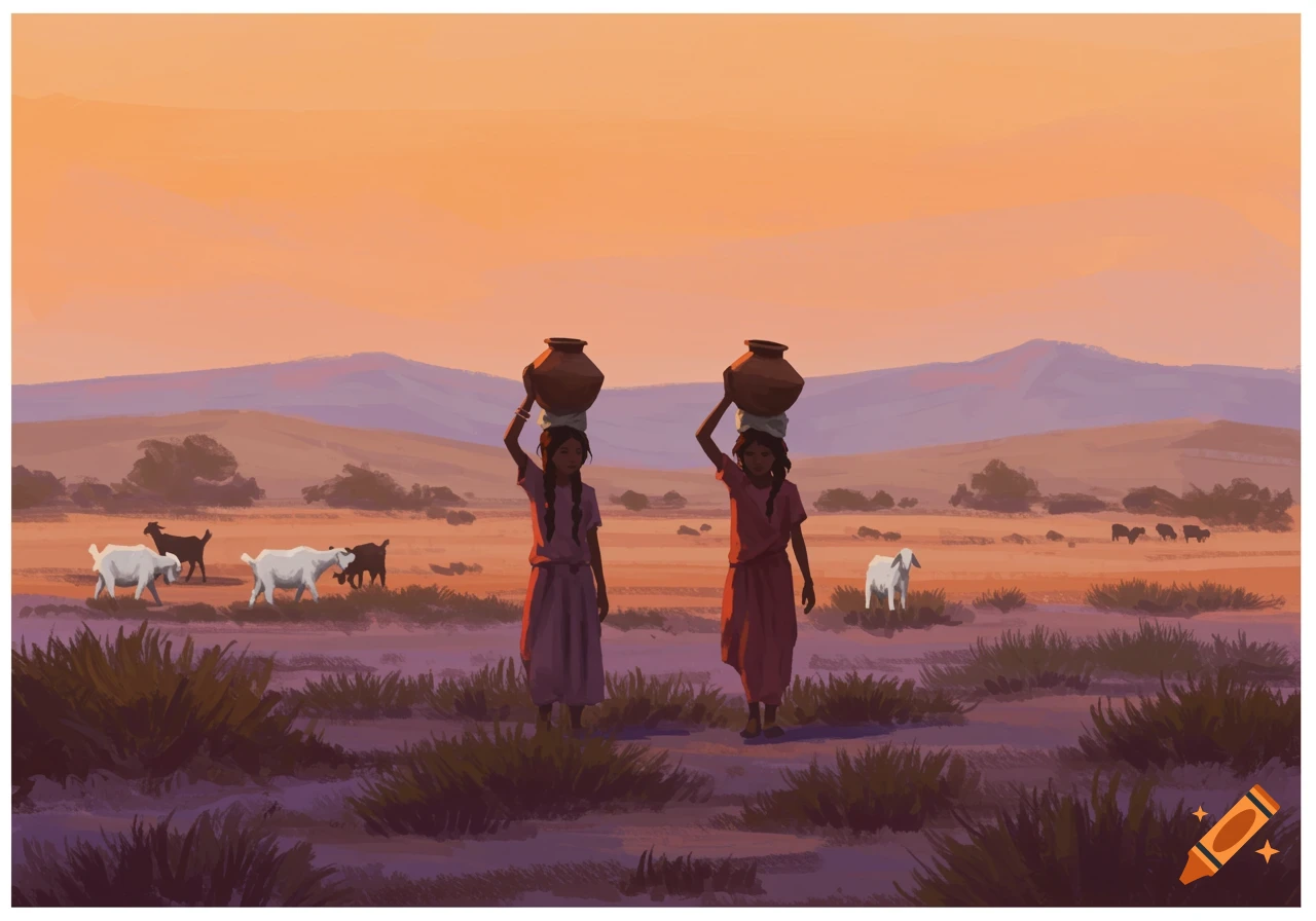 Two girls carry clay pots on their heads across a desert landscape with goats and hills under an evening sky, in a watercolour painting style.