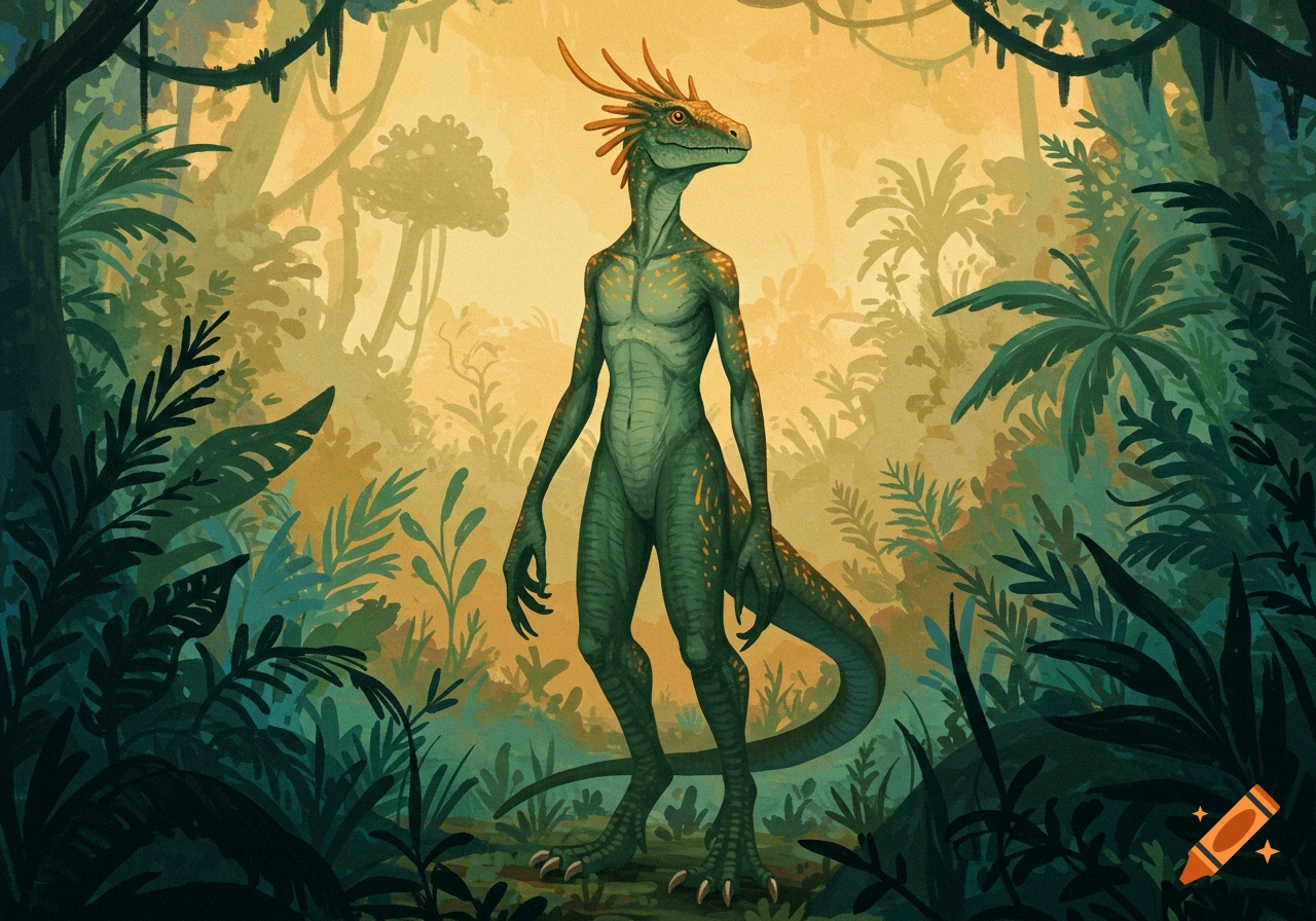 A tall green humanoid dinosaur creature with orange spikes and spots stands in a lush jungle with warm light.
