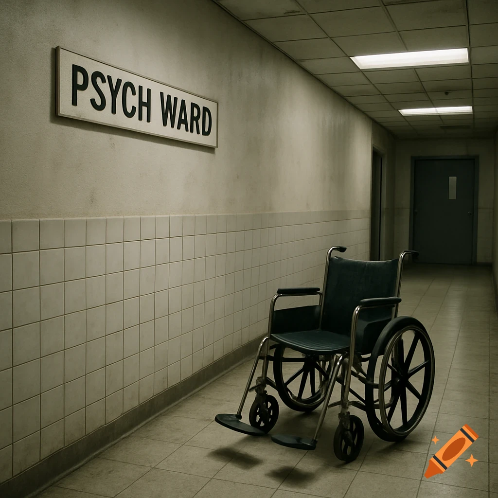 A dimly lit, eerie psych ward hallway with an empty wheelchair next to a tiled wall and a 'PSYCH WARD' sign.
