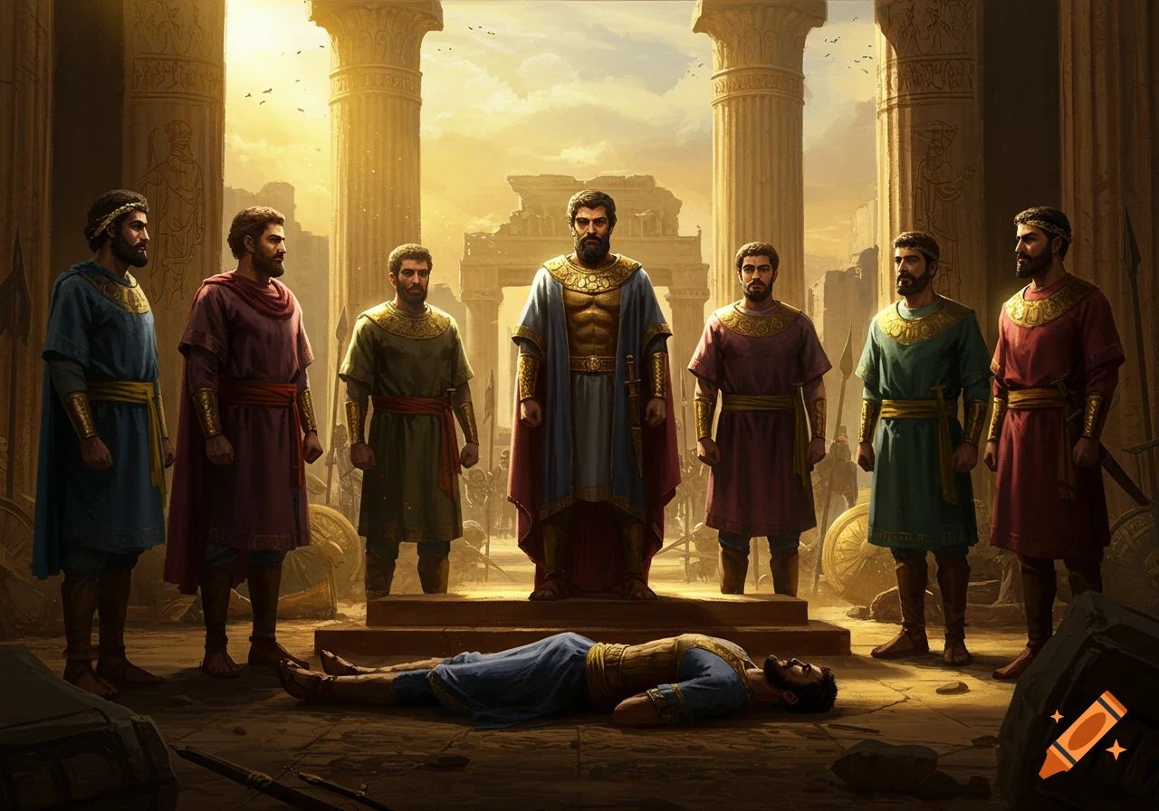 A dramatic historical painting of Darius the Great and six companions standing over a fallen man in ancient palace ruins with golden sunlight.