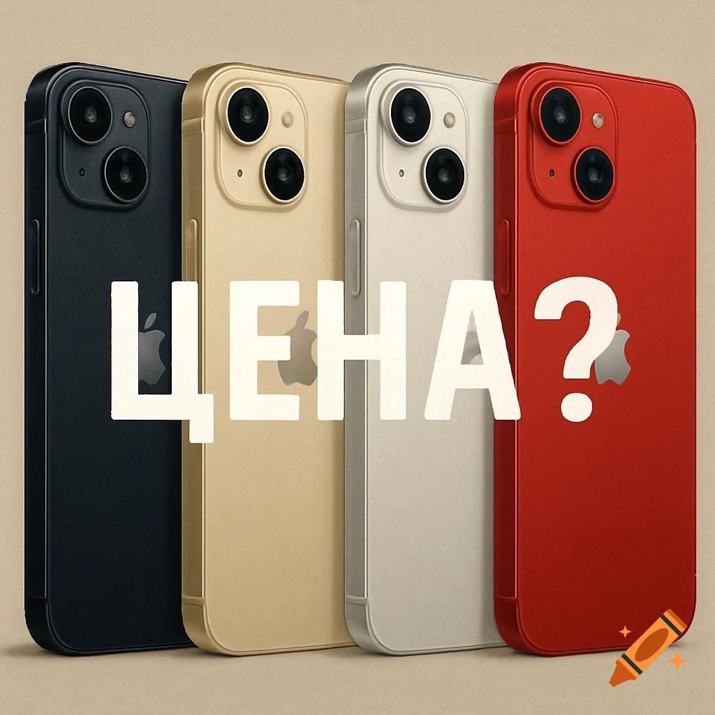 Four iPhones in different colors with 'ЦЕНА?' (Price?) overlaid.