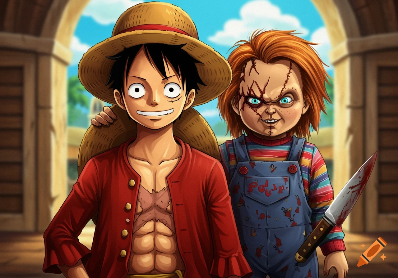 Animated crossover featuring Monkey D. Luffy from One Piece next to Chucky from Child's Play, who is holding a bloody knife.