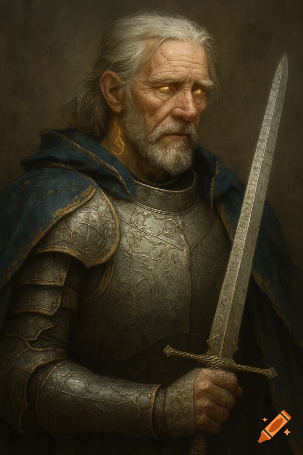 A solemn old man with white hair, glowing golden eyes, and a beard, wearing intricately decorated silver armor and a blue cloak, holds a long sword with inscribed runes.