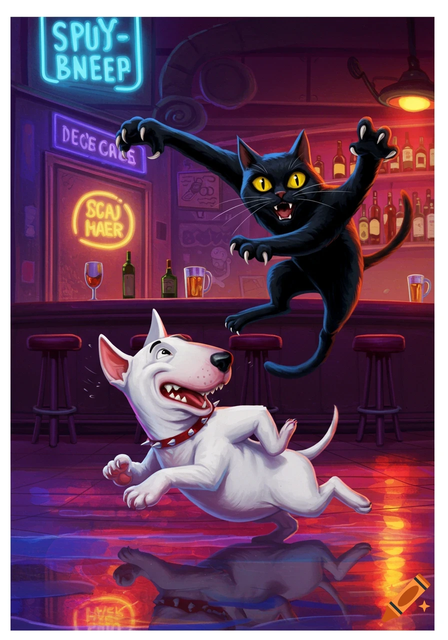 Cartoon black cat pouncing on a white bull terrier in a neon-lit bar, with bottles on shelves in the background.