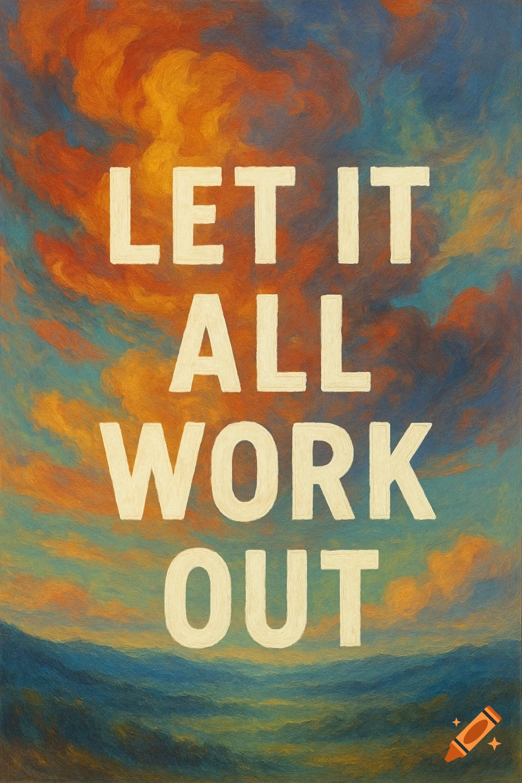 Painting with textured orange and blue sky and landscape, with white text 'LET IT ALL WORK OUT'.