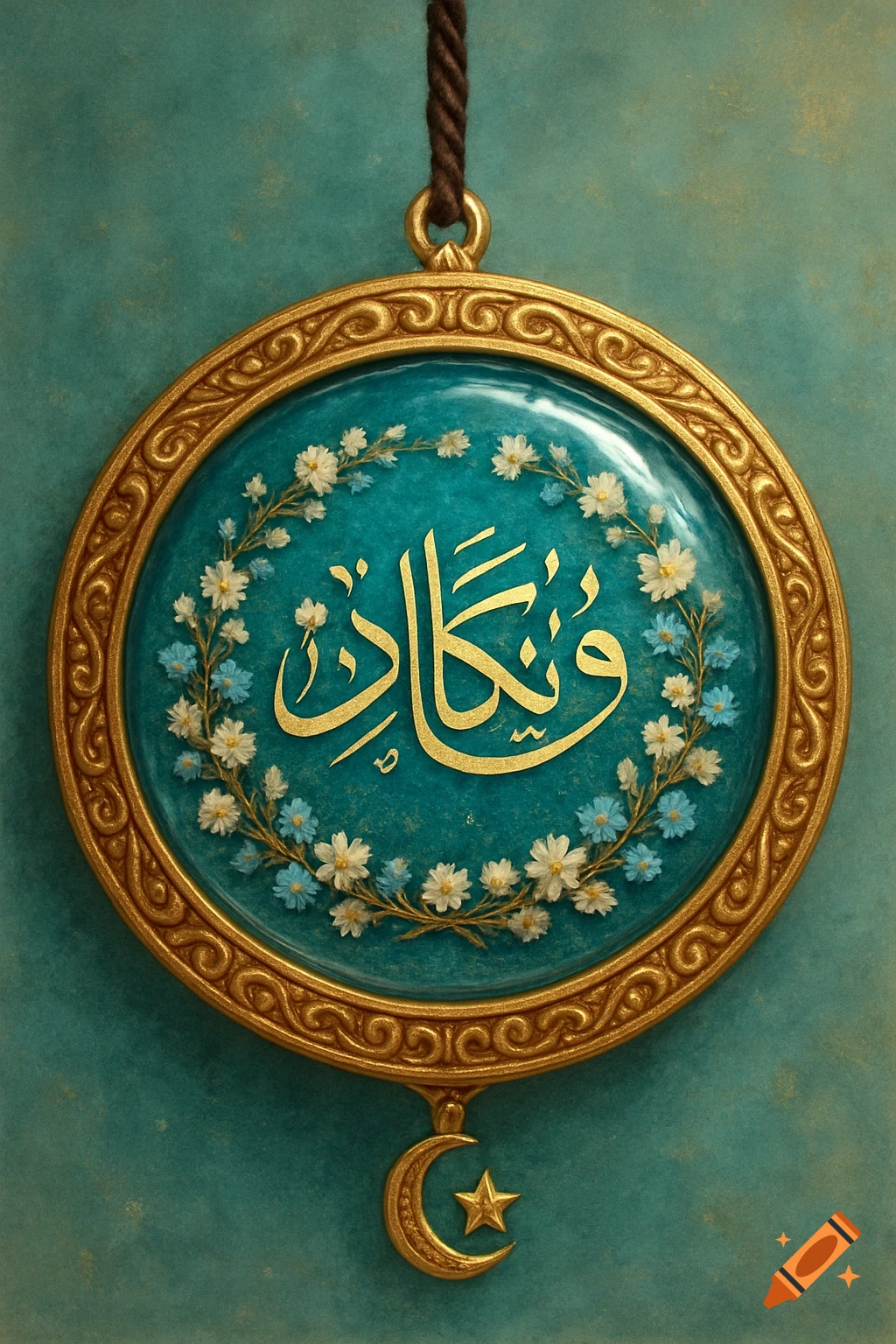 A gold-framed round ornament with Arabic calligraphy 'Wa In Yakad' surrounded by small white and blue flowers, on a turquoise background. A crescent moon and star hang below.