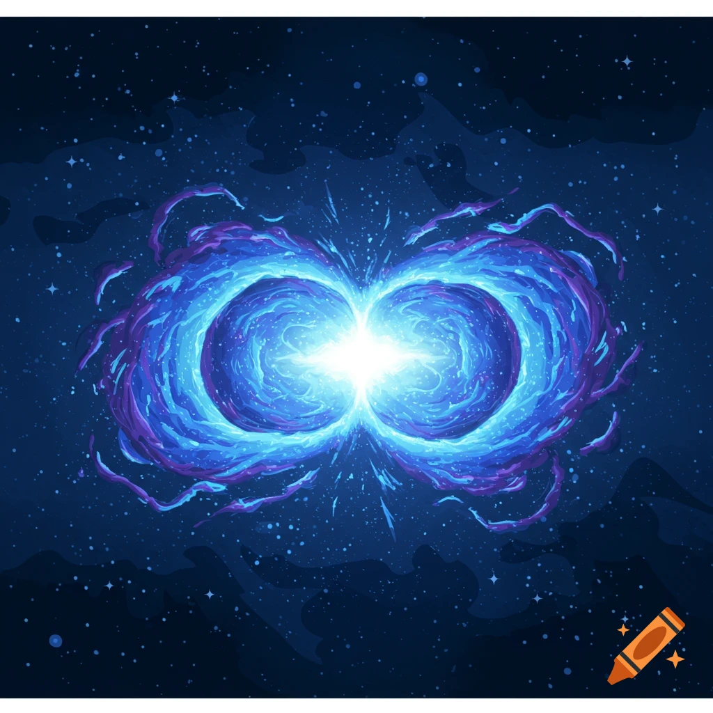 Cartoon illustration of a bright blue and purple supernova from two colliding neutron stars in deep space.