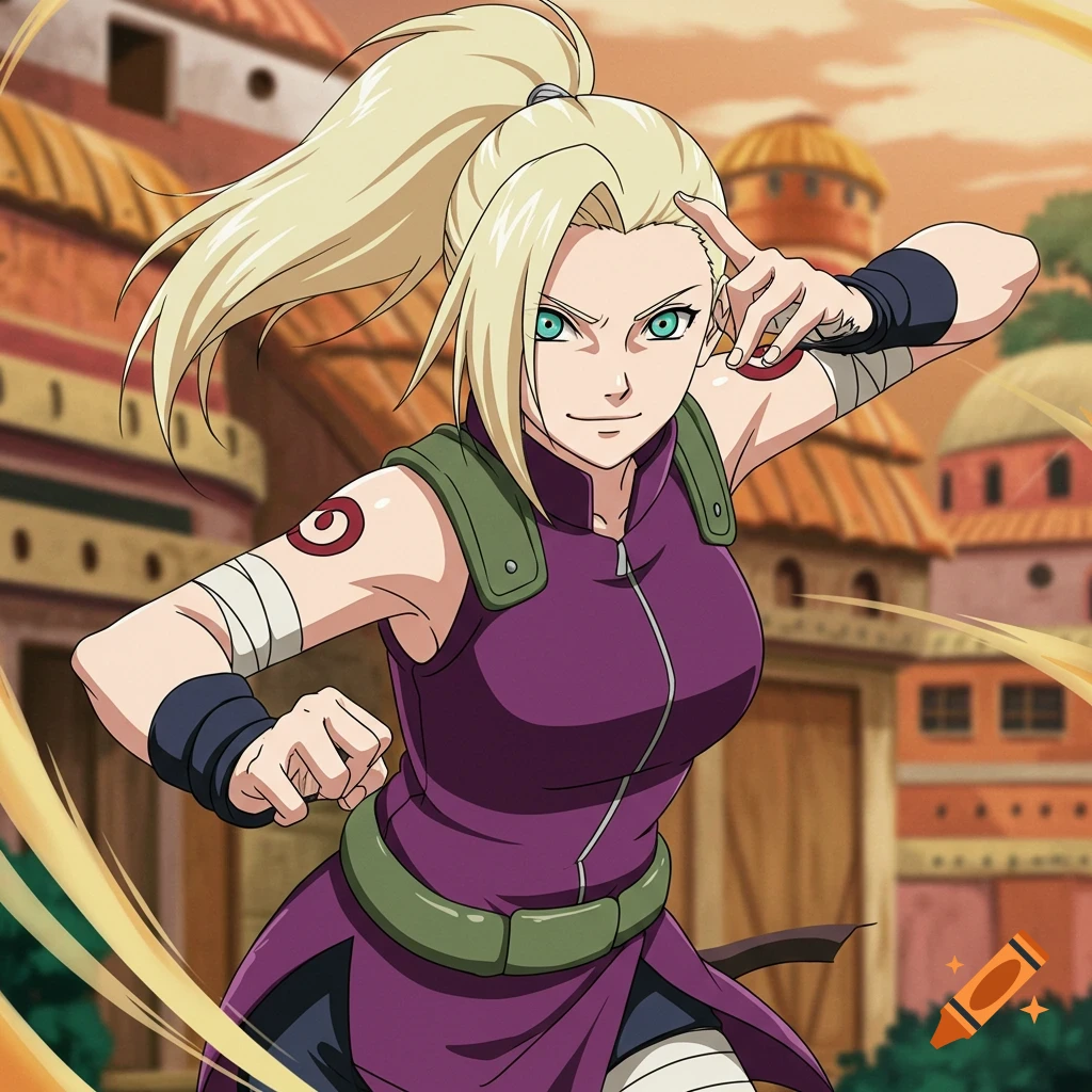 Ino Yamanaka from Naruto, a blonde anime woman with a ponytail and green eyes, in purple ninja attire, striking a pose.
