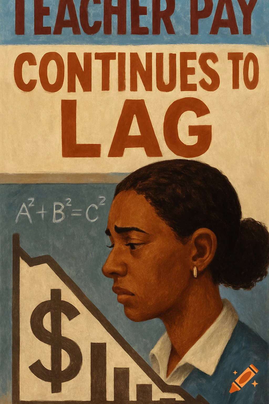 Illustration of a somber woman, likely a teacher, next to a blackboard with a declining financial graph and the text 'Teacher Pay Continues to Lag'.