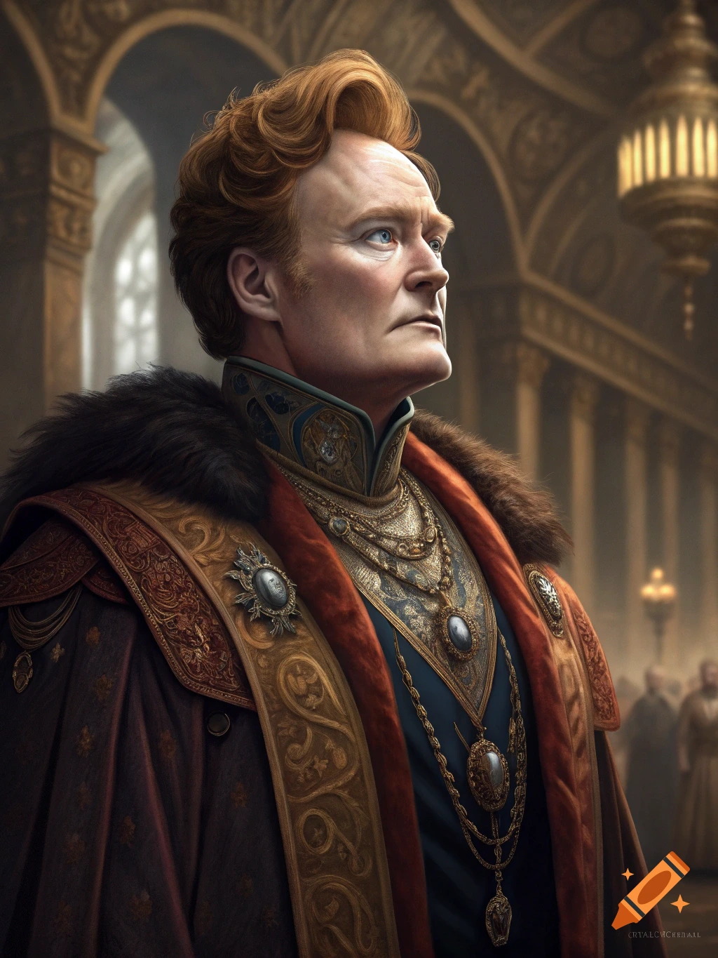 Photorealistic portrait of Conan O'Brien dressed as a nobleman in an ornate, fur-trimmed robe with gold jewelry, in a grand palace.