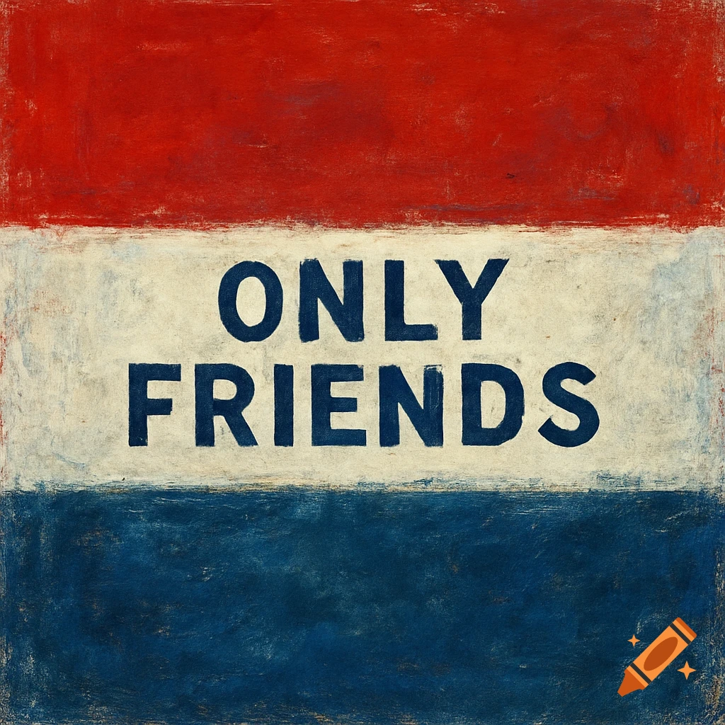 A textured red, white, and blue flag-like background with the words ONLY FRIENDS in dark blue on the white stripe.