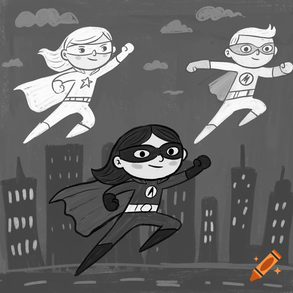Three cartoon superheroes, two flying in the sky and one flying above a city, in a black and white illustration.
