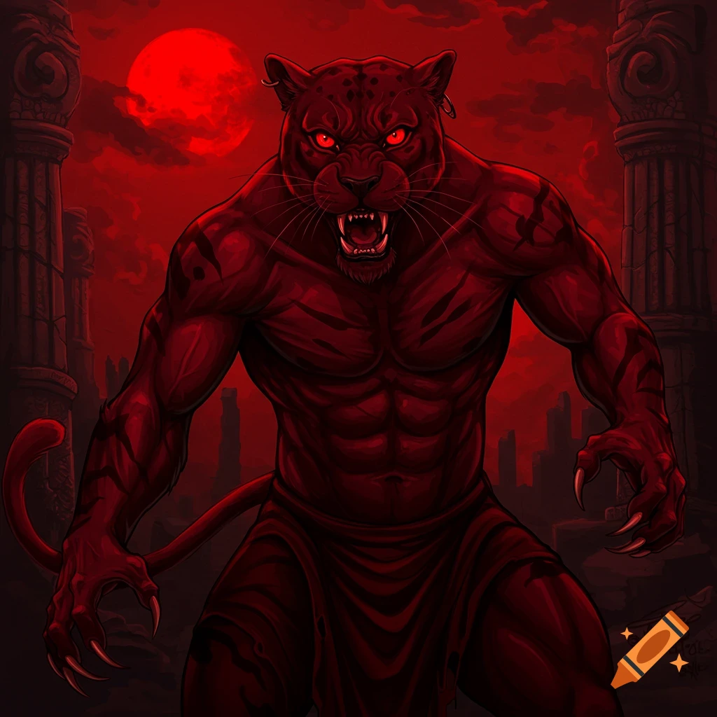 A menacing, muscular red anthropomorphic panther with glowing red eyes stands in front of ancient ruins and a large red moon.