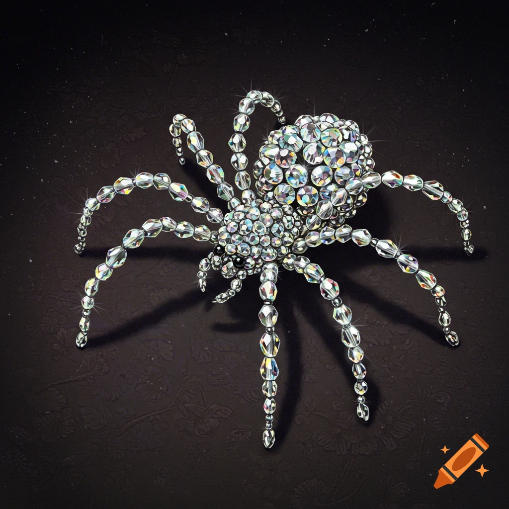 A sparkling spider crafted entirely from clear, faceted crystal beads on a dark, subtly patterned background.