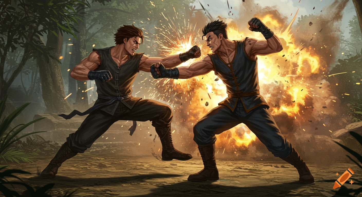 Two muscular men in combat stances exchanging blows, surrounded by sparks and an explosion in a forest setting.