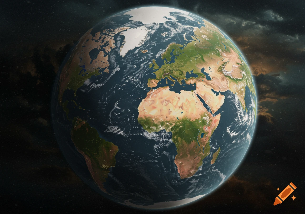 Photorealistic Earth from space, showing continents, oceans, and clouds against a dark, starry background.