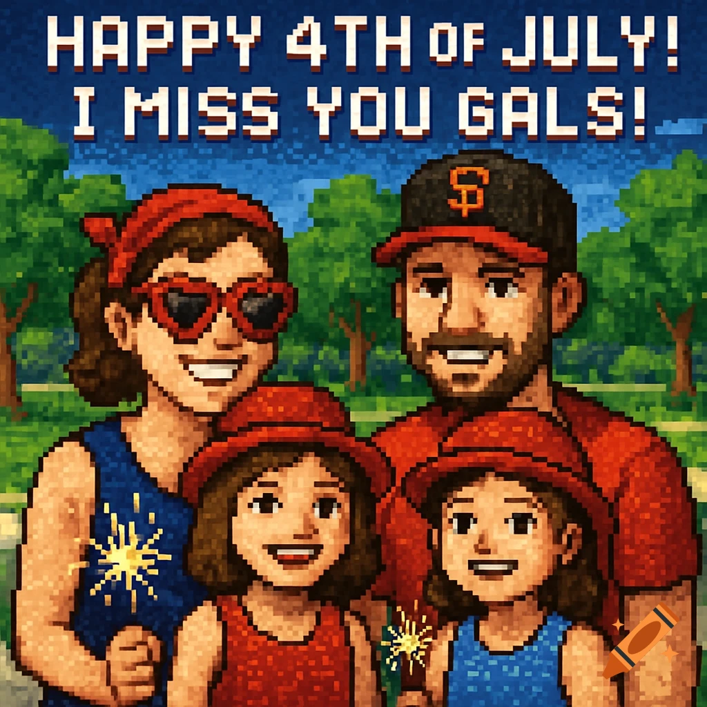 A pixel art family portrait of a mom, dad, and two daughters celebrating 4th of July in a park, holding sparklers, with text "Happy 4th of July! I Miss You Gals!".