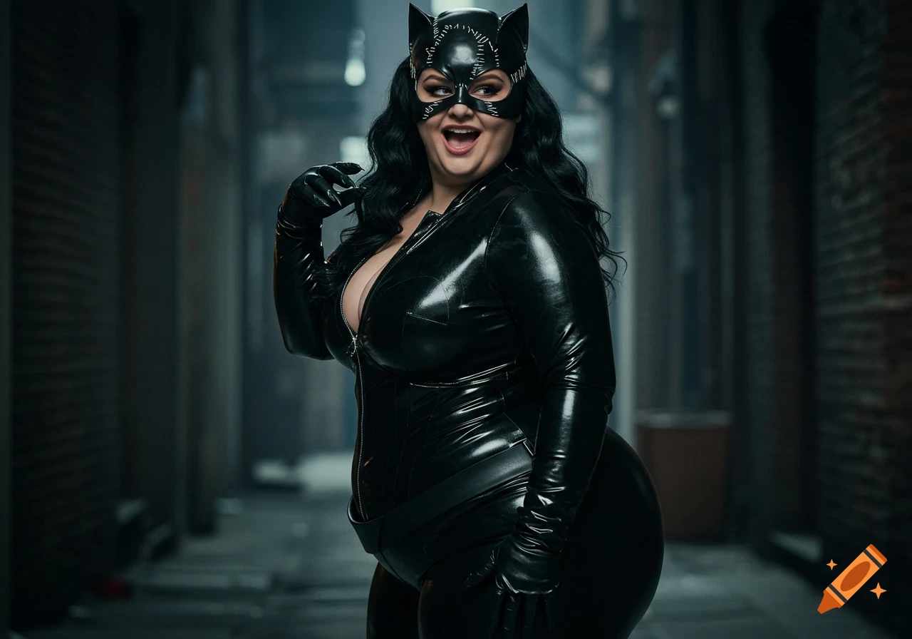 A woman in a black, shiny Catwoman costume and mask stands in a dark alley, smiling broadly.