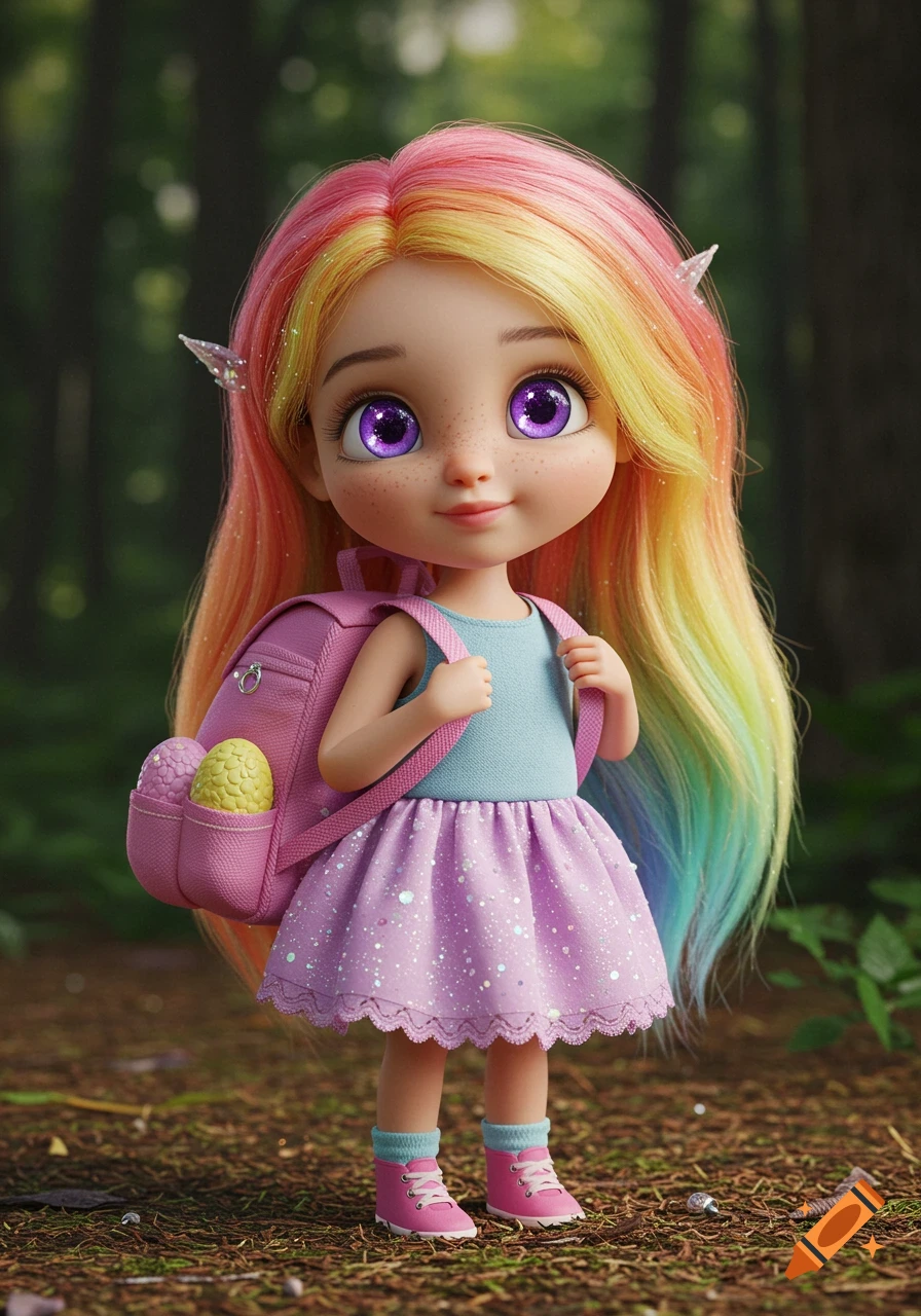 A cute stylized doll with rainbow hair and sparkling purple eyes stands in a forest, wearing a pink backpack with dragon eggs.