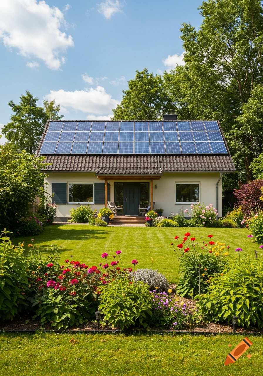 A photorealistic house with solar panels on the roof, a lush green lawn, and a colorful flower garden under a bright blue sky.