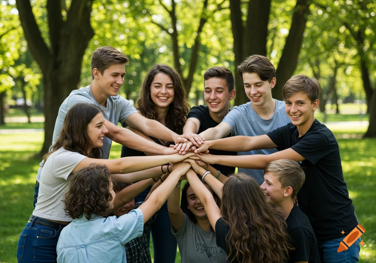 Photorealistic image of a diverse group of smiling teenagers stacking their hands together in a circle in a sunny park.