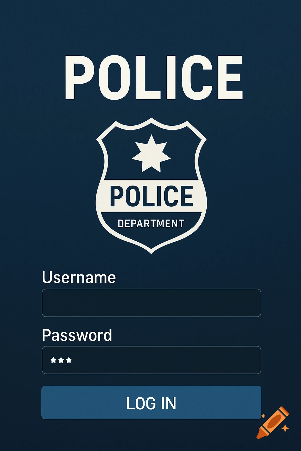 A police login screen with a badge featuring the text 'POLICE DEPARTMENT', a large 'POLICE' title, and fields for 'Username', 'Password', and a 'LOG IN' button.