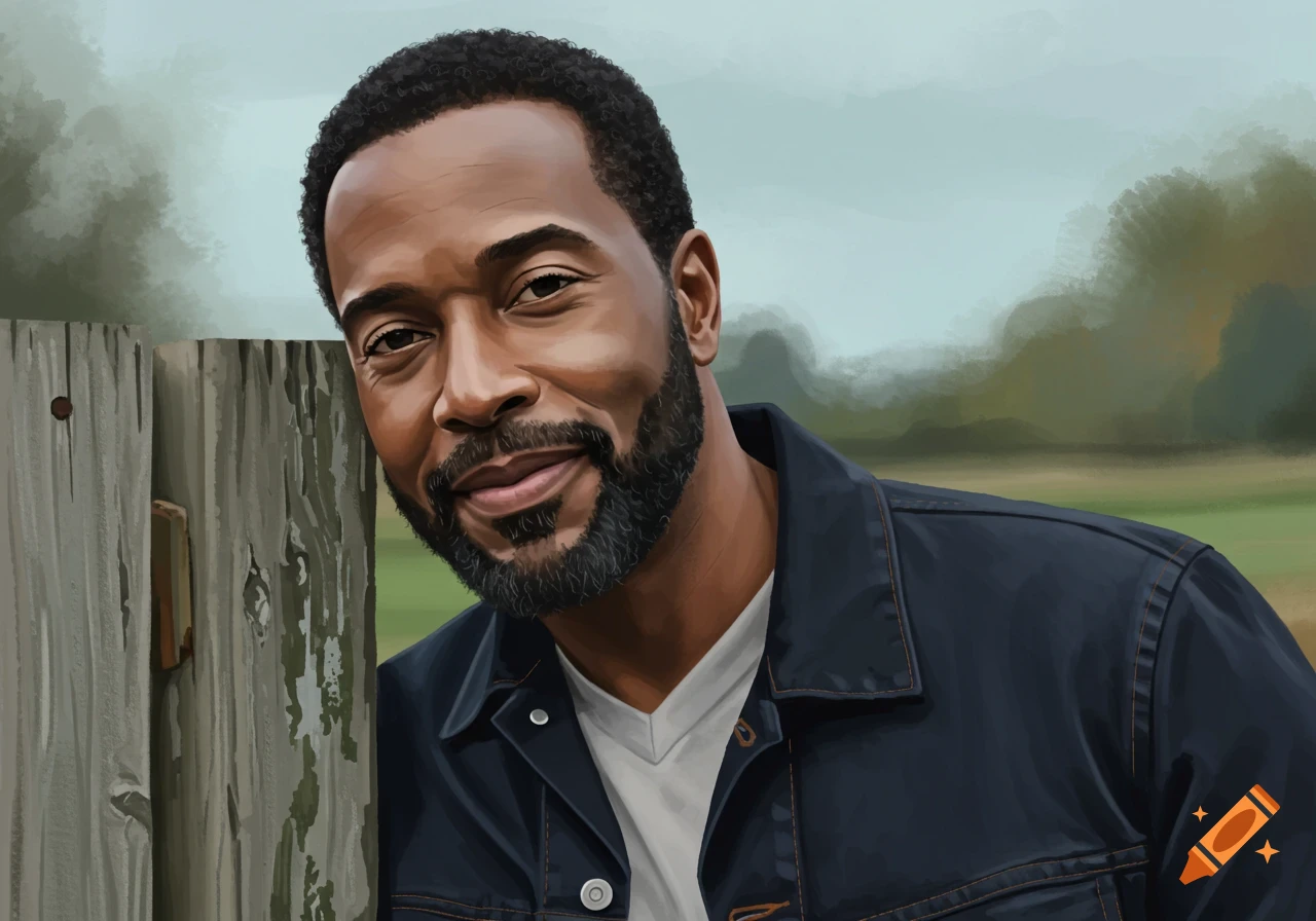 A digital painting of a smiling Black man with a beard, wearing a dark jacket and white shirt, leaning against a wooden fence.